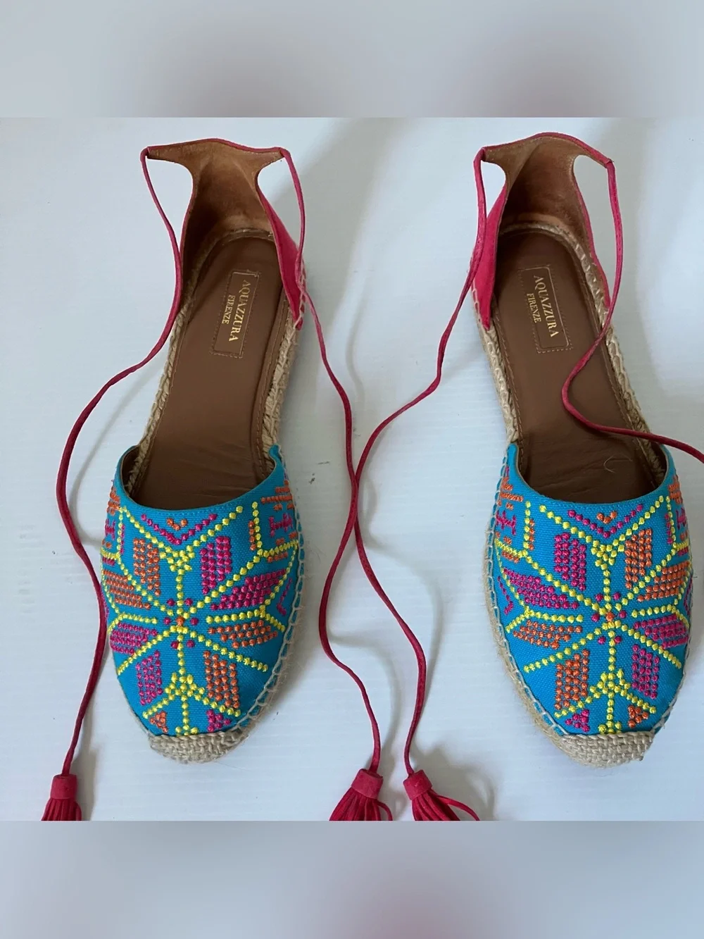 Aquazzura Colorful Beaded Lace-Up Espadrilles Embroidered Resort Flats size 39.5